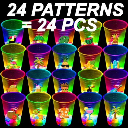 Miniatura 2 de mishunyus 24 tazas de fiesta hawaianas Luau brillantes, tazas de fiesta Tiki intermitentes, decoraciones tropicales para fiestas hawaianas (16 onzas)