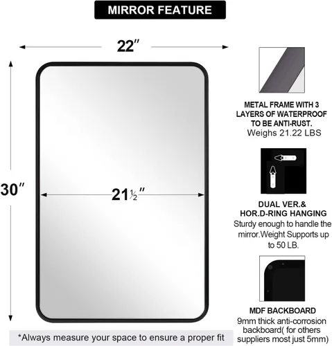Miniatura 2 de ANDY STAR Espejo de baño negro para pared, espejo rectangular redondeado de 22 x 30 pulgadas, espejo de tocador de baño negro mate, espejo de pared