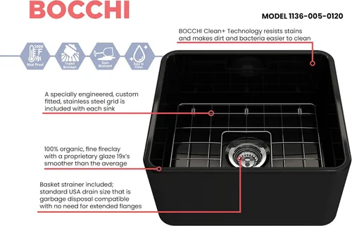 Miniatura 4 de BOCCHI Classico Farmhouse Fregadero de cocina de arcilla refractaria con frente de delantal de 20 pulgadas, un solo tazón con rejilla protectora