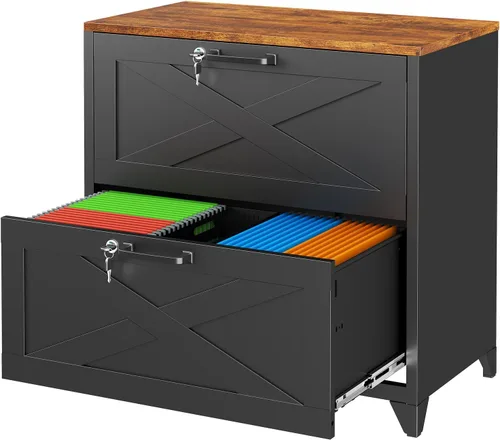 Miniatura 31 de Archivador de metal con 2 cajones con cerradura, gabinete archivador con soporte para impresora móvil y estantes para archivos de tamaño Negro