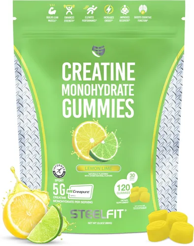 SteelFit Creapure - Gomitas de monohidrato de creatina para hombres y mujeres, lima limón, suplementos nutricionales para entrenamiento de gimnasio