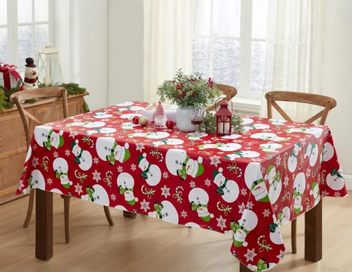 Miniatura 5 de Newbridge Mantel de vinilo navideño con diseño de muñeco de nieve rojo con reverso de franela, bastón de caramelo y copos de nieve, mantel de vinilo