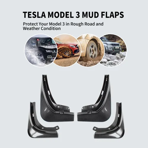 Miniatura 4 de Tesla Model 3 - Juego de 4 guardabarros sin perforación, protectores contra salpicaduras color negro, para Tesla Model 3 2017-2023 (fibra de carbono)