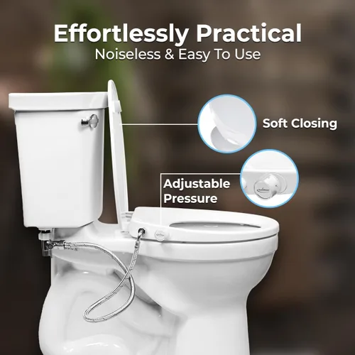Miniatura 4 de GenieBidet Asiento de inodoro de bidé alargado - Boquillas dobles con adaptador en T y botella - Presión de agua ajustable y asiento de bidé de Lado