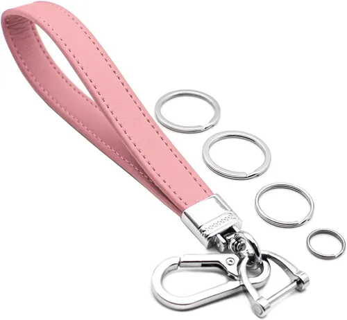INFIPAR Llavero de cuero genuino para hombre y mujer, giratorio de 360 grados, con anillo en D antipérdida, clip de mosquetón y 4 llaveros, color