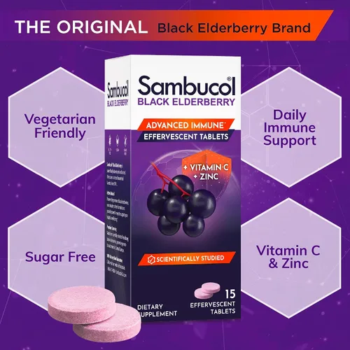 Miniatura 4 de Tabletas efervescentes de saúco negro Sambucol - Saúco con zinc y vitamina C para adultos, tabletas de saúco solubles, bayas - 15