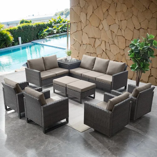 Miniatura 11 de HUMMUH Juego de 2 sillas giratorias para patio, mimbre de polietileno, para exteriores, bistró, porche, balcón, muebles con cojines Gris/gris