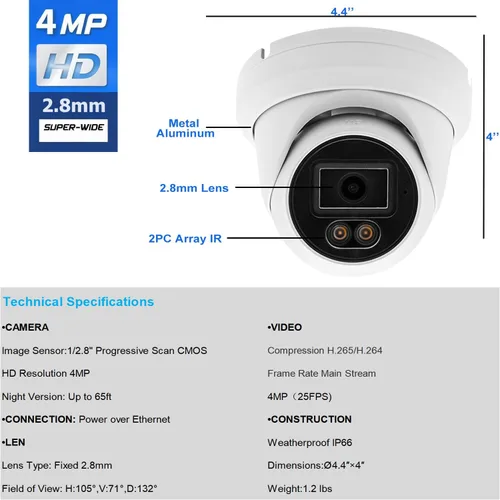 Miniatura 4 de Real HD Cámara domo de torreta IP PoE de visión nocturna a todo color de 4MP, gran angular de 0.110 in, H.265, cámara de seguridad CCTV al aire