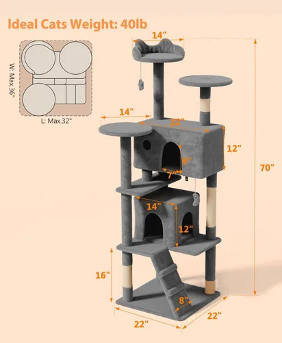 Miniatura 5 de OS MOTOR Torre de árbol para gatos de 70 pulgadas para gatos de interior y adultos, árbol de gato lindo y moderno para gatos grandes, 20 libras