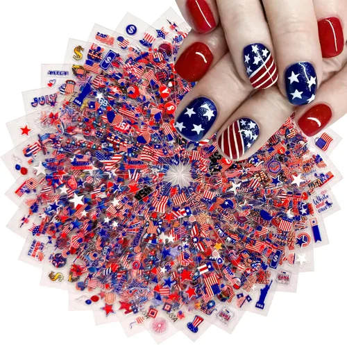 30 hojas de calcomanías de uñas del 4 de julio para arte de uñas, Día de la Independencia, calcomanías de arte en 3D, autoadhesivas, bandera