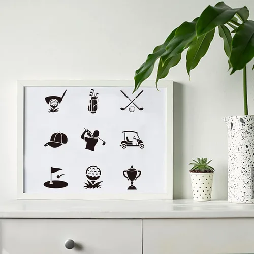 Miniatura 8 de MAYJOYDIY Juego de 9 plantillas de golf reutilizables de 6 x 6 pulgadas para pintar bolsas de golf, accesorios de golf, plantillas de pelotas