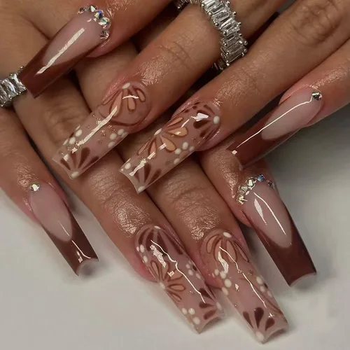 Miniatura 11 de IMSOHOT Uñas postizas, acrílicas de color naranja mate, puntas francesas cuadradas, 24 unidades, uñas extra largas con pegamento con bonitos diseños