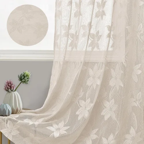 Miniatura 3 de DWCN Cortinas traslúcidas para cocina, bolsillo para barra de encaje floral beige, 52 x 36 pulgadas, 2 paneles Encaje Beige