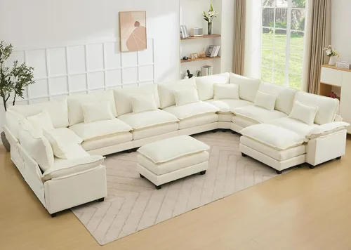 Miniatura 70 de Juego de sofá seccional modular de gran tamaño, sofá de nube convertible de asiento profundo, sofá esquinero grande en forma de L con cojines Beige