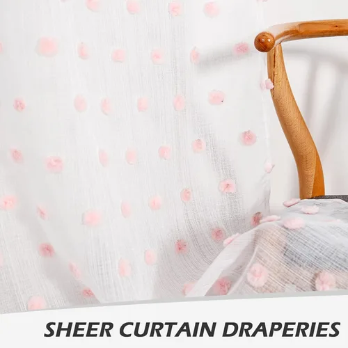 Miniatura 5 de MYSKY HOME Cortinas rosas para dormitorio de 63 pulgadas de largo, con pompones, cortinas traslúcidas blancas cortas para habitación de niños