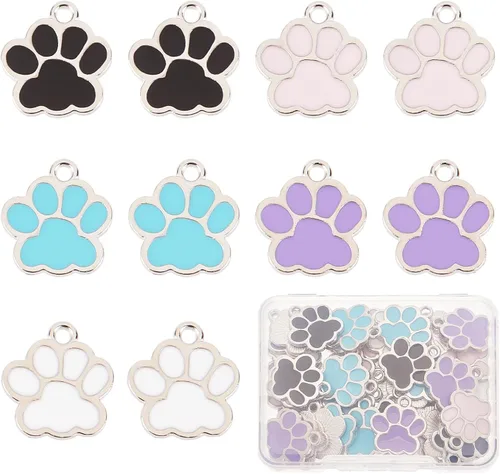 SUNNYCLUE 1 caja de 50 dijes de pata a granel, dijes esmaltados de perro y cachorro, huella de gato, animales, negro, blanco, rosa, para hacer