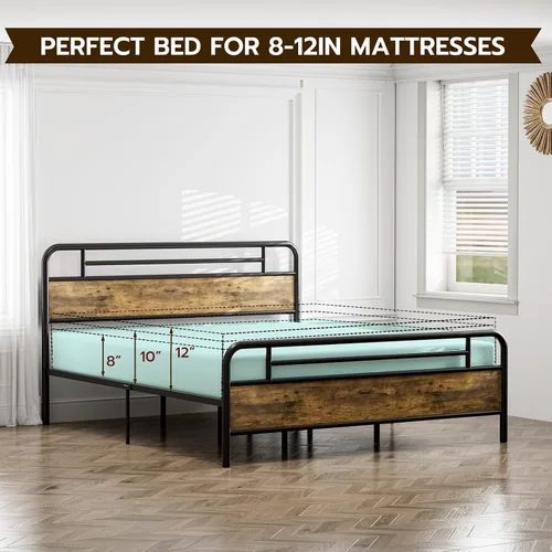 Miniatura 7 de IKIFLY Base de cama California King con cabecero de madera, cama de plataforma de metal California King, listones de acero resistente