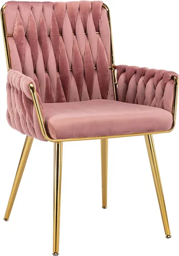 Miniatura 12 de ABET Silla de escritorio de oficina sin ruedas, silla de tocador de terciopelo tejido con respaldo y reposabrazos, cómoda y tapizada con patas
