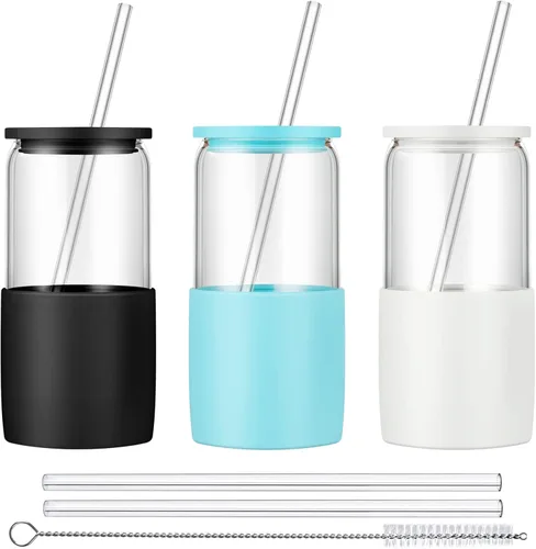 Miniatura 9 de Sunseeke Vaso de vidrio con popote y tapa, taza de café helado de 16oz, manga de silicona y cepillos de limpieza, vasos para agua, café helado