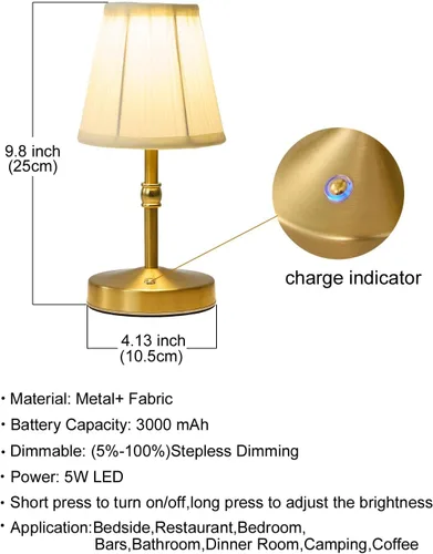Miniatura 5 de Lámpara Mini Inalámbrica de 5W en Oro, Lámpara Pequeña Operada con Batería de 3000 mAh, Lámparas de Mesa Pequeñas Vintage, Lámparas Recargables