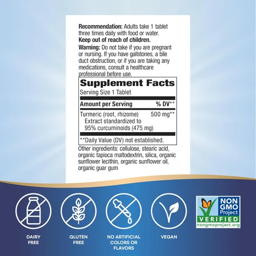Miniatura 5 de Nature's Way Cúrcuma, extracto premium, apoya la salud de las articulaciones*, estandarizado al 95% de curcuminoides, 500 mg en porción, suplementos