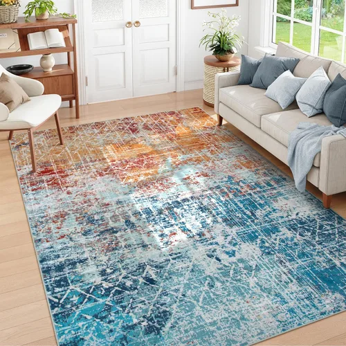 Miniatura 10 de Zealude - Alfombras abstractas boho azul rosa para dormitorio de niñas y niños, alfombra lavable de 8 x 10 pies para sala de estar y comedor
