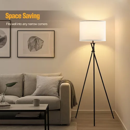 Miniatura 7 de Lámpara de pie para sala de estar, 61 pulgadas, moderna lámpara de pie trípode con pantalla blanca e interruptor giratorio, lámpara de pie negra