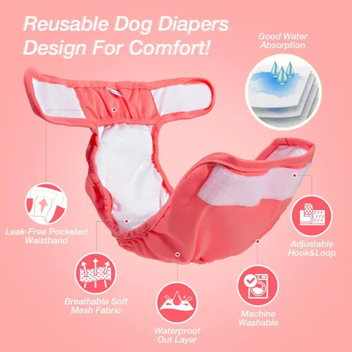 Miniatura 2 de Pet Soft Pañales lavables para hembra (paquete de 3) pañales para perras, cómodos pañales reutilizables para perritos en calor de época (fuerte, XS)