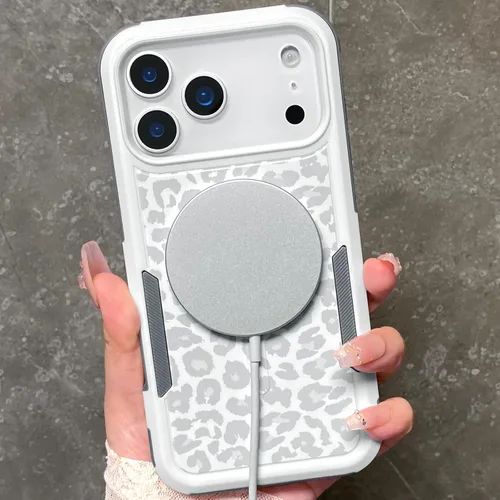 Miniatura 3 de Funda magnética para iPhone 17 Pro, compatible con Magsafe, lindo estampado de leopardo blanco guepardo, resistente, resistente, protección