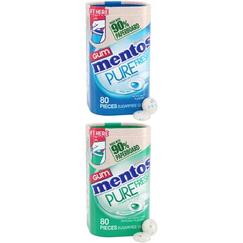 Mentos Pure Fresh - Goma de mascar sin azúcar con xilitol, menta fresca, en una botella de cartón reciclable al 90%, 80 piezas + botella de 80