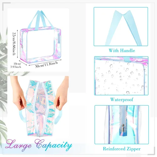Miniatura 3 de Sweetude Bolsa de aseo transparente grande con asa, bolsa de maquillaje de playa iridiscente de gran capacidad, bolsa de maquillaje de PVC Azul