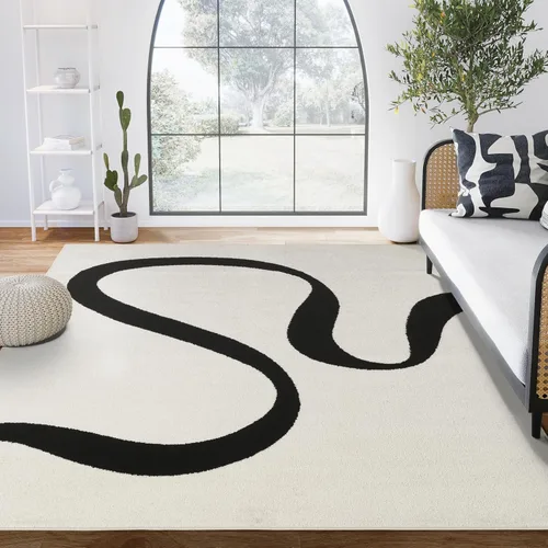 Miniatura 12 de Abani Alfombra abstracta de color beige/negro, 4 x 6 pies, diseño moderno de línea curva, colección Deco, fácil de limpiar, duradera para zonas