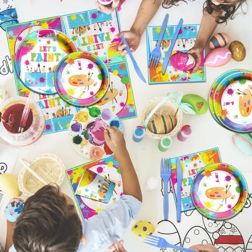 Miniatura 3 de Suministros para fiesta de pintura, juego de vajilla para fiesta de arte de 142 piezas incluye platos para fiesta de pintura y servilletas, manteles