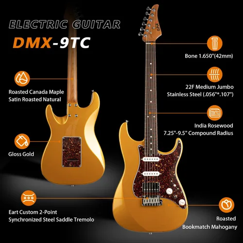 Miniatura 2 de EART Guitarras eléctricas de 6 cuerdas DMX-9TC Golpeador de tortuga roja Cuerpo sólido de caoba tostado y pastillas Alnico v Tonos versátiles
