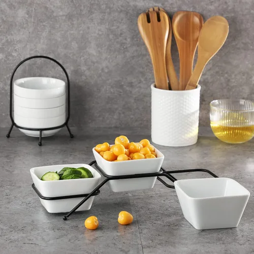Miniatura 5 de Buyajuju Juego de 3 piezas de cuencos cuadrados de porcelana para chips y salsa con soporte de metal negro, cuencos pequeños de 4.5 pulgadas blancos