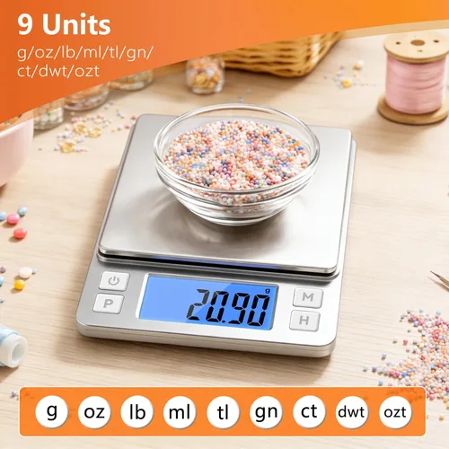 Miniatura 7 de BOMATA Báscula de joyería de alta precisión de 0.00 oz, báscula digital de 35.27 oz con función de sujeción, tara y conteo, diseño pequeño y Plateado