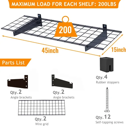 Miniatura 4 de Wallmaster Paquete de 2 estantes de pared de garaje resistentes de 15 x 45 pulgadas, 45 x 15 pulgadas, estantes flotantes para montaje en pared