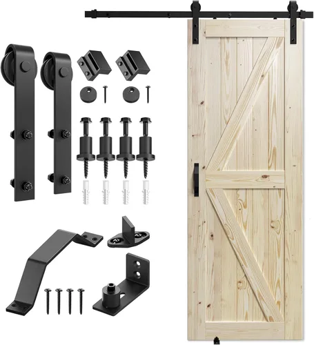 Miniatura 13 de SMARTSTANDARD Puerta corrediza de granero de 24 x 80 pulgadas con kit de herrajes y mango de níquel cepillado de 5 pies, se requiere un montaje