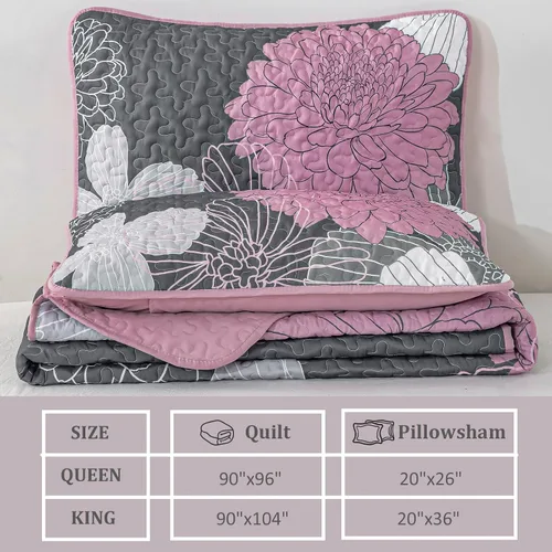 Miniatura 5 de Anibedding Juego de edredón de 3 piezas con estampado floral gris, tamaño Queen, juego de edredón rosa con patrón de flores, juego de edredón