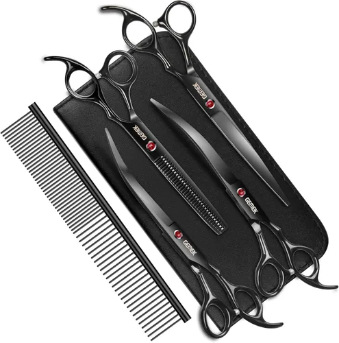 Miniatura 12 de Tijeras de aseo para perros con puntas redondas de seguridad de acero inoxidable, kit profesional de aseo para perros, tijeras adelgazantes, curvas
