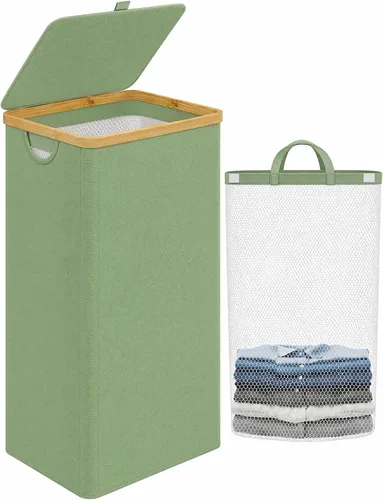 Miniatura 19 de iEGrow - Canasta de lavandería de 150 litros con tapa - Gran canasta de lavandería con asas de bambú, color gris, cestas para lavandería, cesta