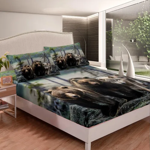 Miniatura 3 de Erosebridal Sábanas bajeras de animales del bosque, sábana bajera ajustable de oso marrón, tamaño individual para niños y niñas, ropa de cama