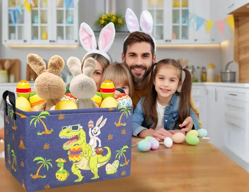 Miniatura 6 de Cestas de Pascua de dinosaurio grandes para niños, cesta de Pascua personalizada para bebé, color azul, decoración de primavera para niños