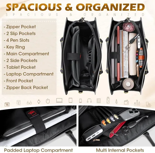 Miniatura 3 de RAINSMORE Bolsa de cuero para laptop de 15.6 pulgadas para mujer, bolsa de mano grande para computadora, impermeable, para negocios, oficina
