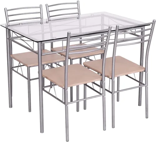 Miniatura 9 de Juego de mesa de comedor moderno para 4, juego de mesa de comedor con mesa de cristal, marco de metal y asiento de madera, mesa de cocina de 5