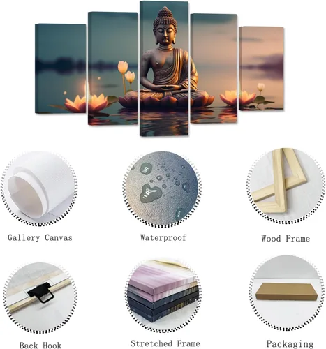 Miniatura 5 de ZXHYWYM Lienzo decorativo para pared, 5 piezas, estatua de Buda, pintura de loto, imágenes de loto, obras de arte de spa zen para oficina, 1