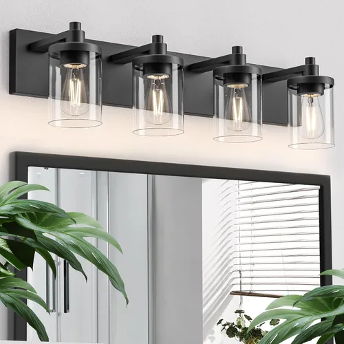Miniatura 15 de Juego de 2 apliques de pared, diseño cuadrado, accesorios de iluminación de baño con pantalla de vidrio transparente, luces de pared negras mate