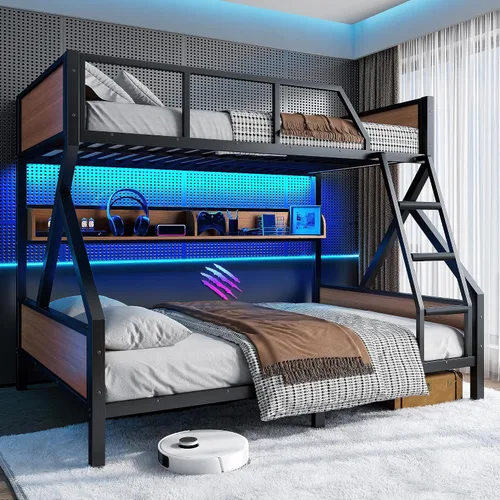 Miniatura 11 de Bellemave Litera de tamaño individual sobre matrimonial con estantes de almacenamiento y luces LED, literas resistentes para adultos con escalera