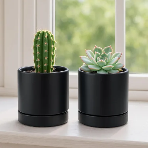 Miniatura 6 de D'vine Dev Juego de 4 macetas pequeñas de cerámica, maceta para suculentas de 3.5 pulgadas para plantas con orificio de drenaje y platillo