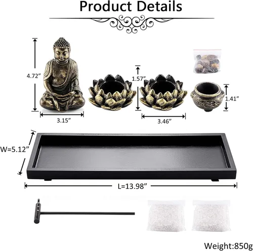 Miniatura 5 de Jovivi set de jardín zen con estatua de Buda, 2 portavelas de té de loto, mazo y rocas y cristales y quemador de incienso con soporte para varillas